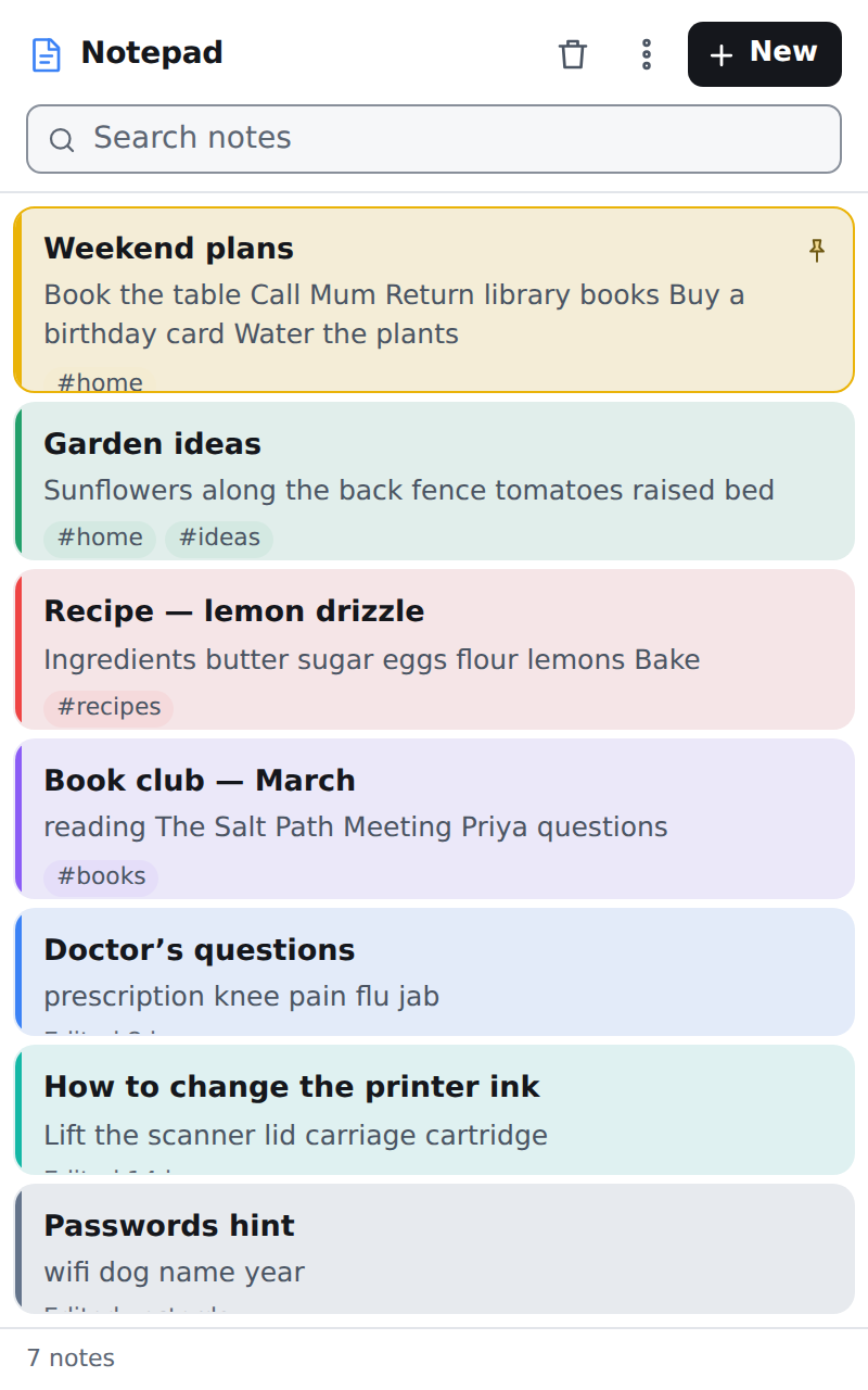 The Notepad side panel showing a list of colour-coded notes: Weekend plans, Garden ideas, a recipe, a book club note and more, with a search box at the top.